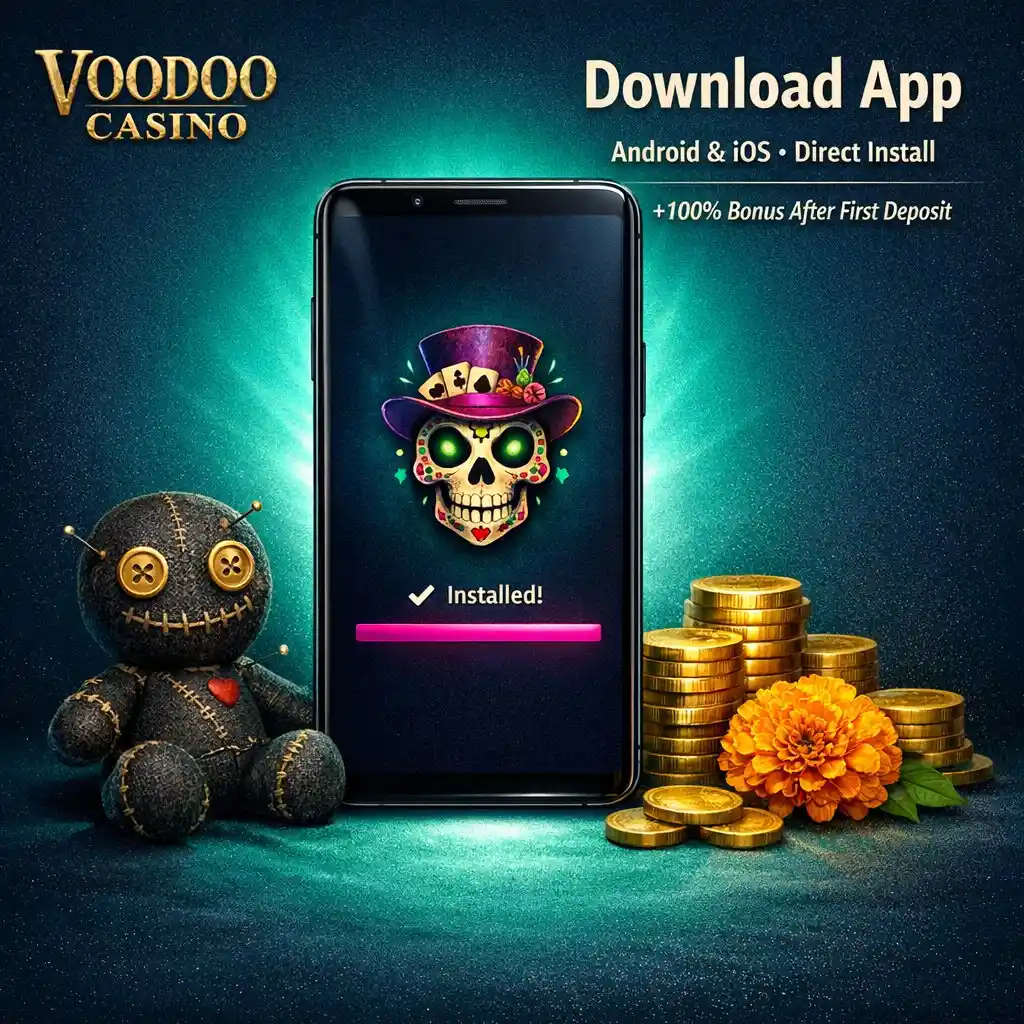Voodoo Casino app download phone voodoo doll teal glow coins dark