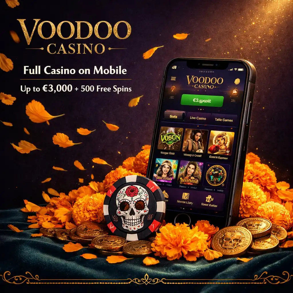 Voodoo Casino app phone marigold petals gold coins sugar skull dark purple