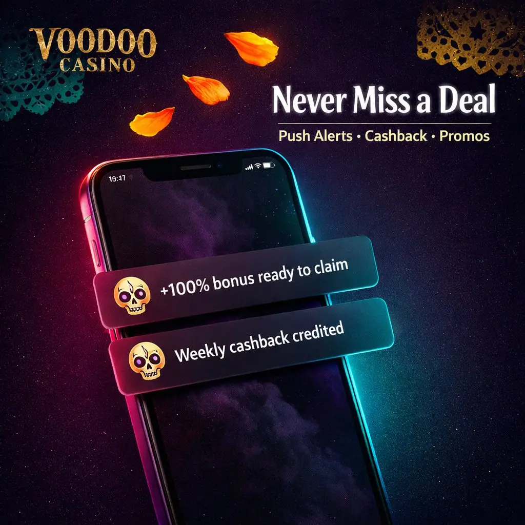 Voodoo Casino app push alerts phone sugar skull notification dark teal