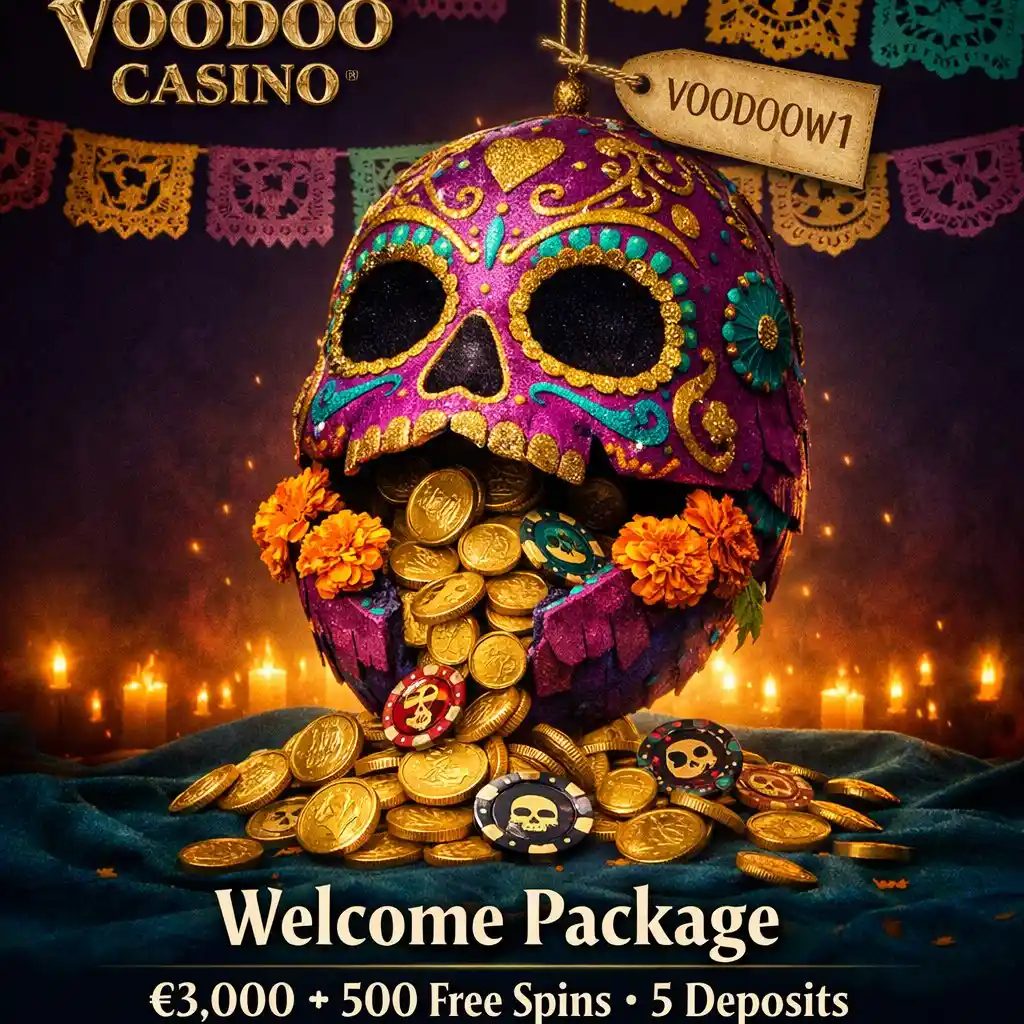Voodoo Casino bonus sugar skull piñata gold coins marigolds teal dark purple