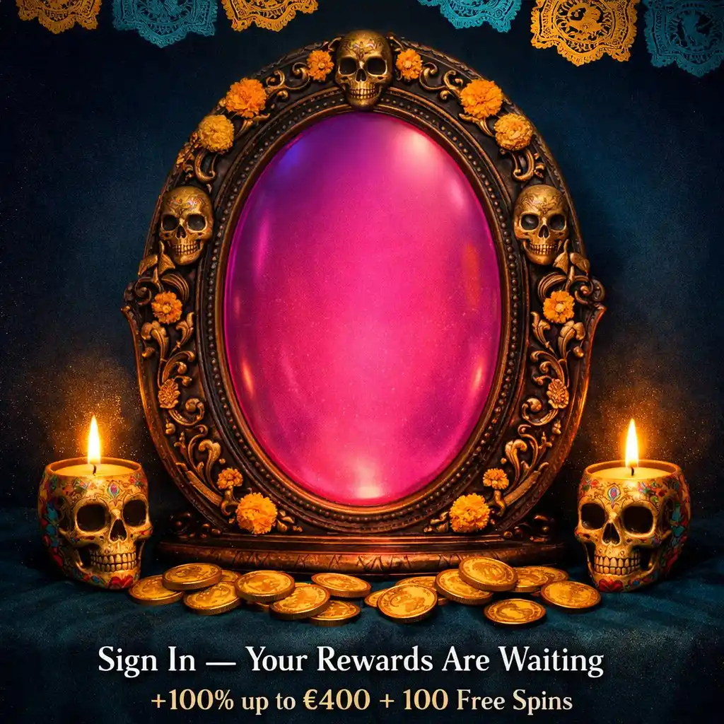 Voodoo Casino login sugar skull mirror gold coins magenta glow dark teal