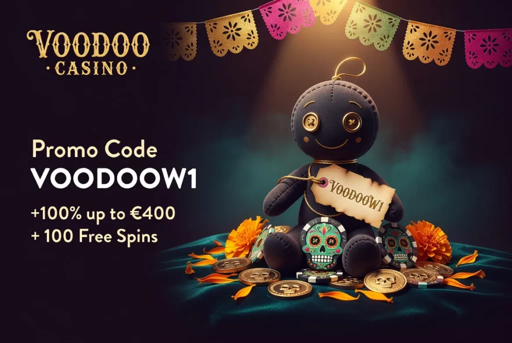 Voodoo Casino promo code VOODOOW1 voodoo doll tag gold coins dark teal