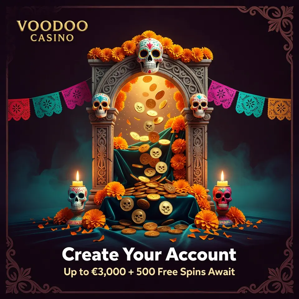 Voodoo Casino register sugar skull archway marigolds gold coins teal dark