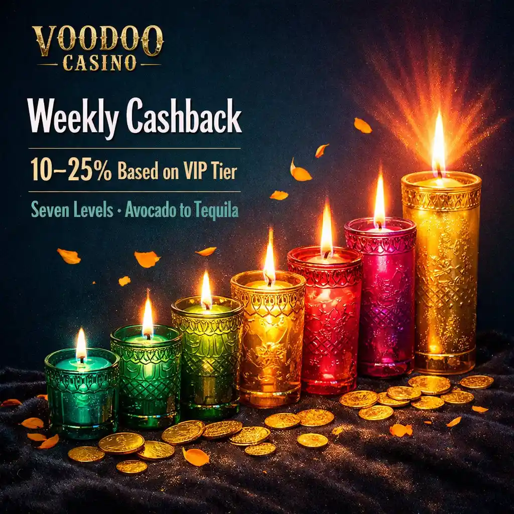 Voodoo Casino cashback VIP tiered candles marigolds gold teal dark