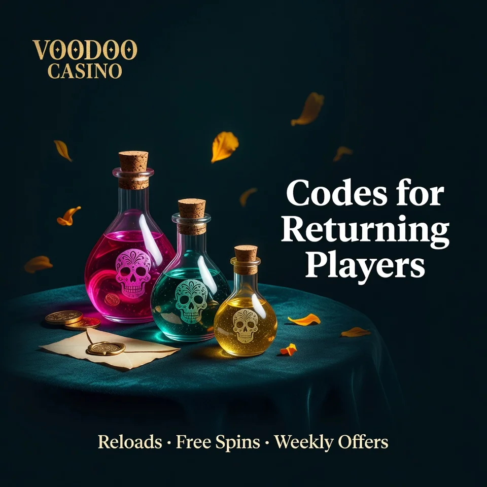 Voodoo Casino existing player codes sugar skull potion bottles teal dark
