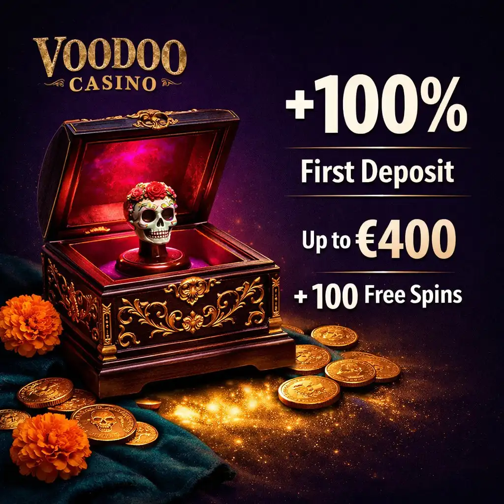 Voodoo Casino first deposit bonus sugar skull music box gold coins dark