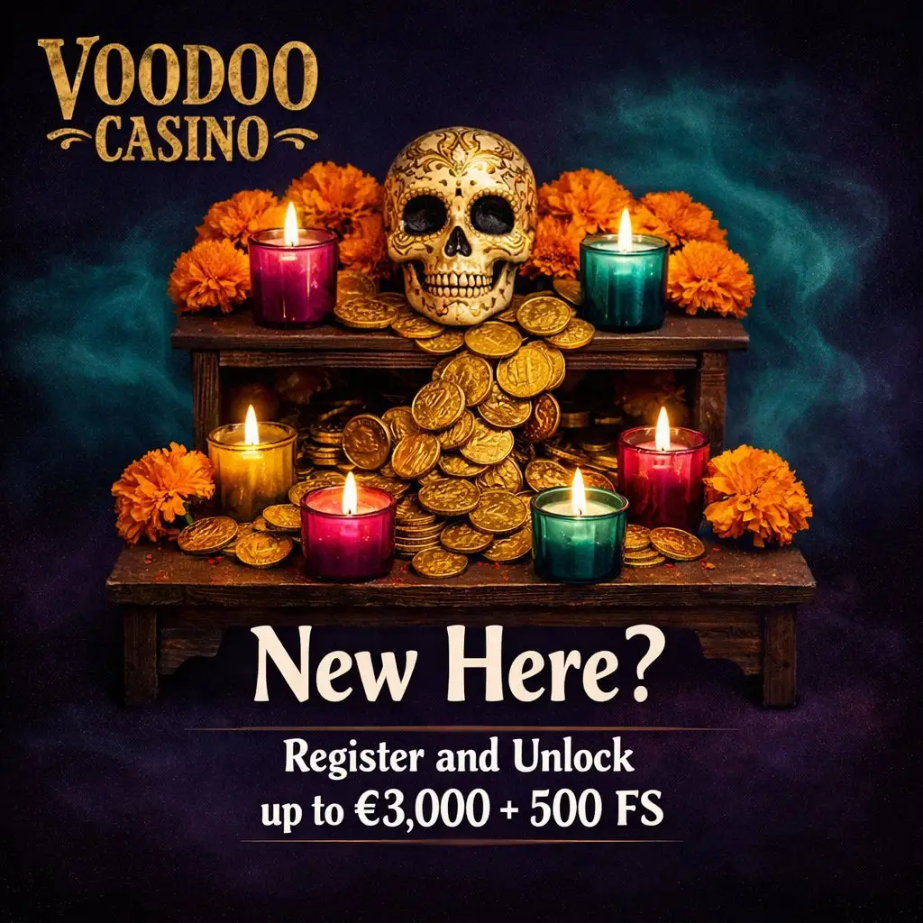 Voodoo Casino register ofrenda altar marigolds gold coins teal dark purple