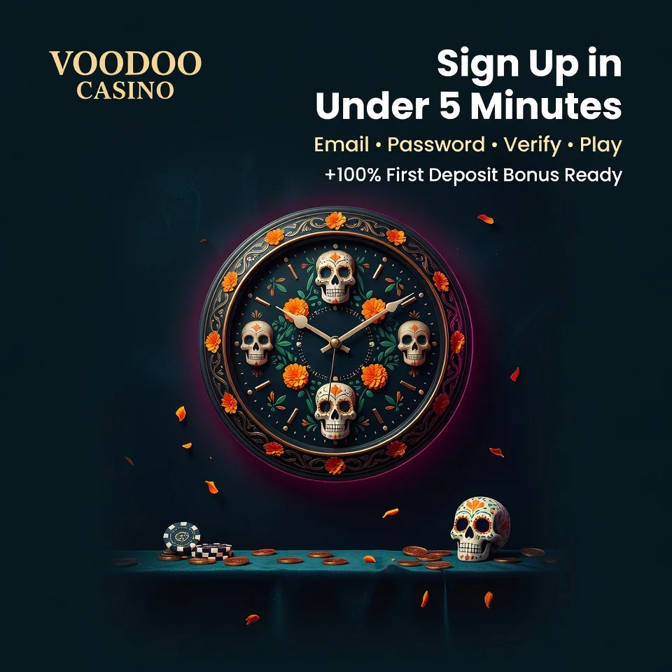 Voodoo Casino registration sugar skull clock gold coins marigolds teal dark