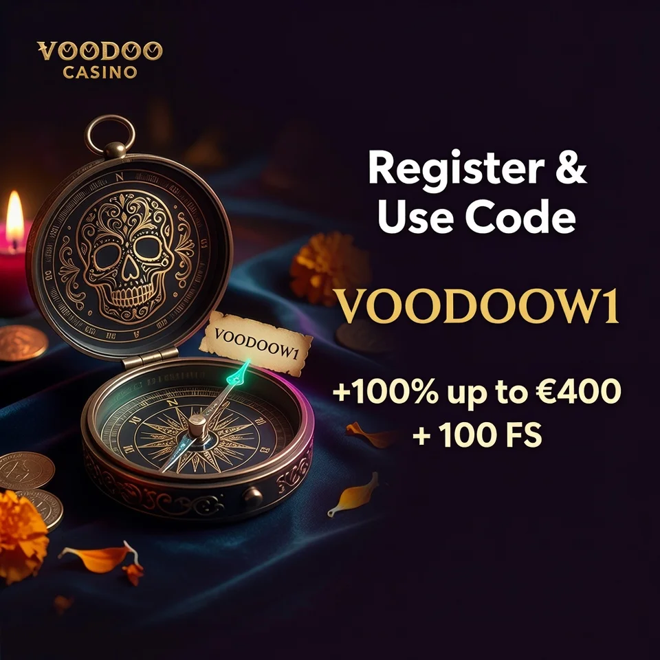 Voodoo Casino register promo code sugar skull compass gold dark teal