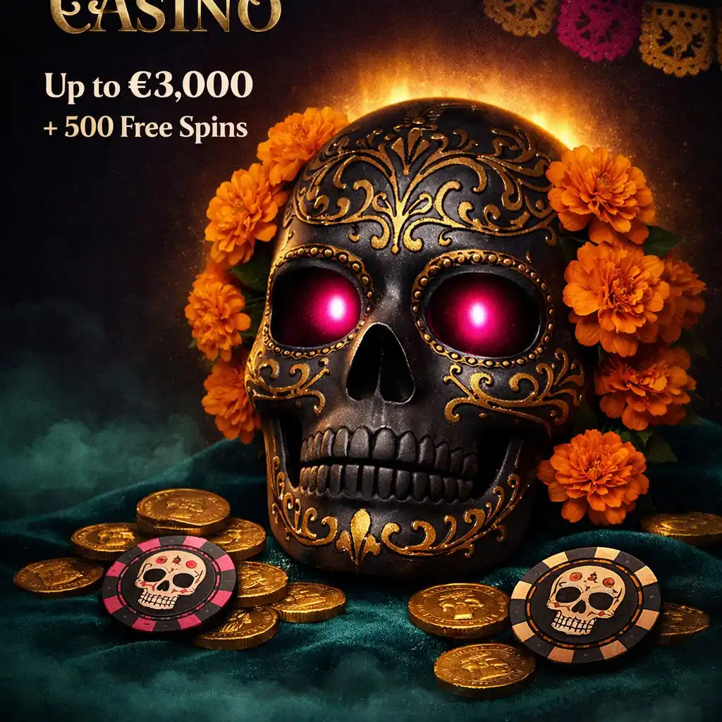 Voodoo Casino welcome bonus voodoo mask gold coins marigolds teal dark