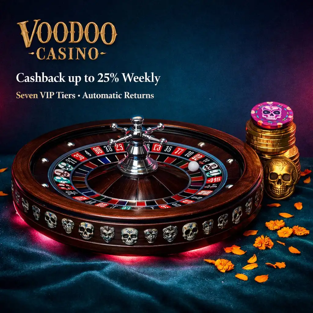 Voodoo Casino cashback sugar skull roulette wheel gold teal dark purple