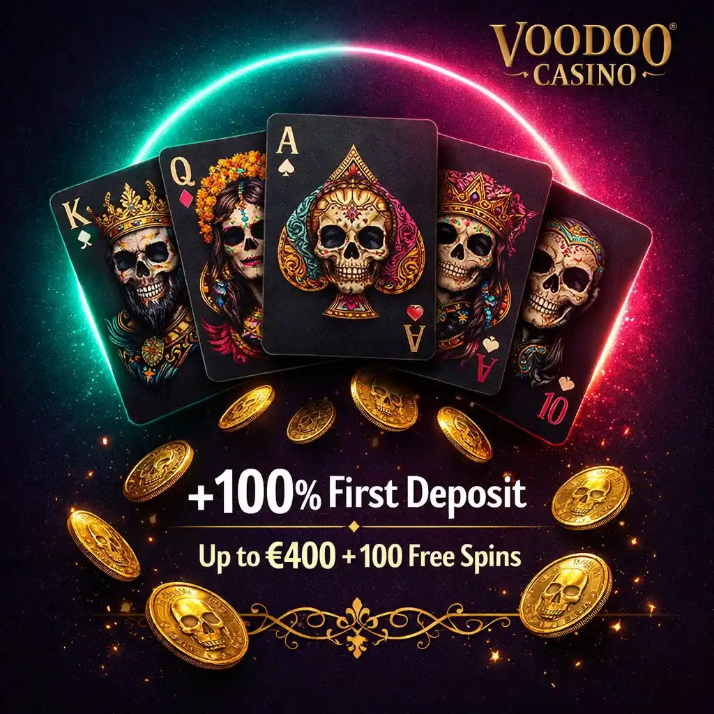 Voodoo Casino first deposit bonus neon skull playing cards teal magenta dark